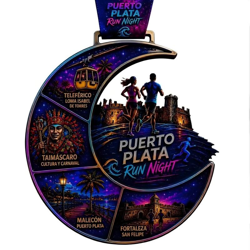 Custom 3D crescent moon marathon medal Puerto Plata Run Night white background