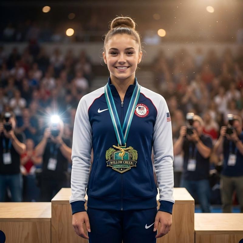 Gymnastics-champion-wearing-75mm-Willow-Creek-medal-on-podium.jpg